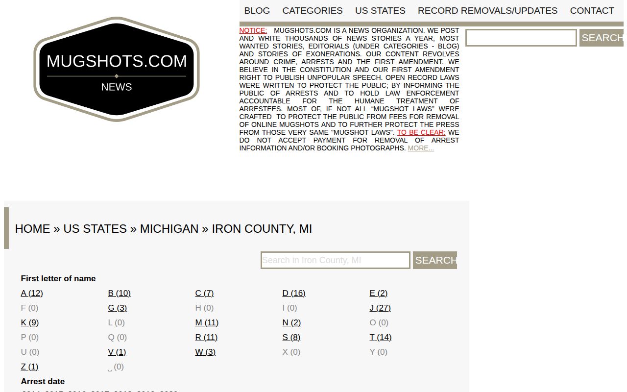 Unofficial Mugshots.com Iron County Michigan page