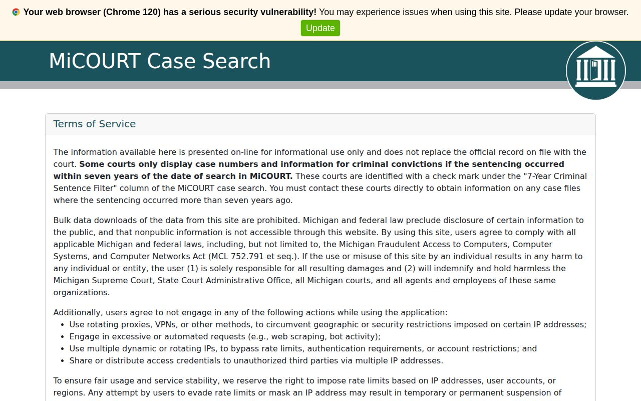 Michigan MiCOURT case search for Iron County records